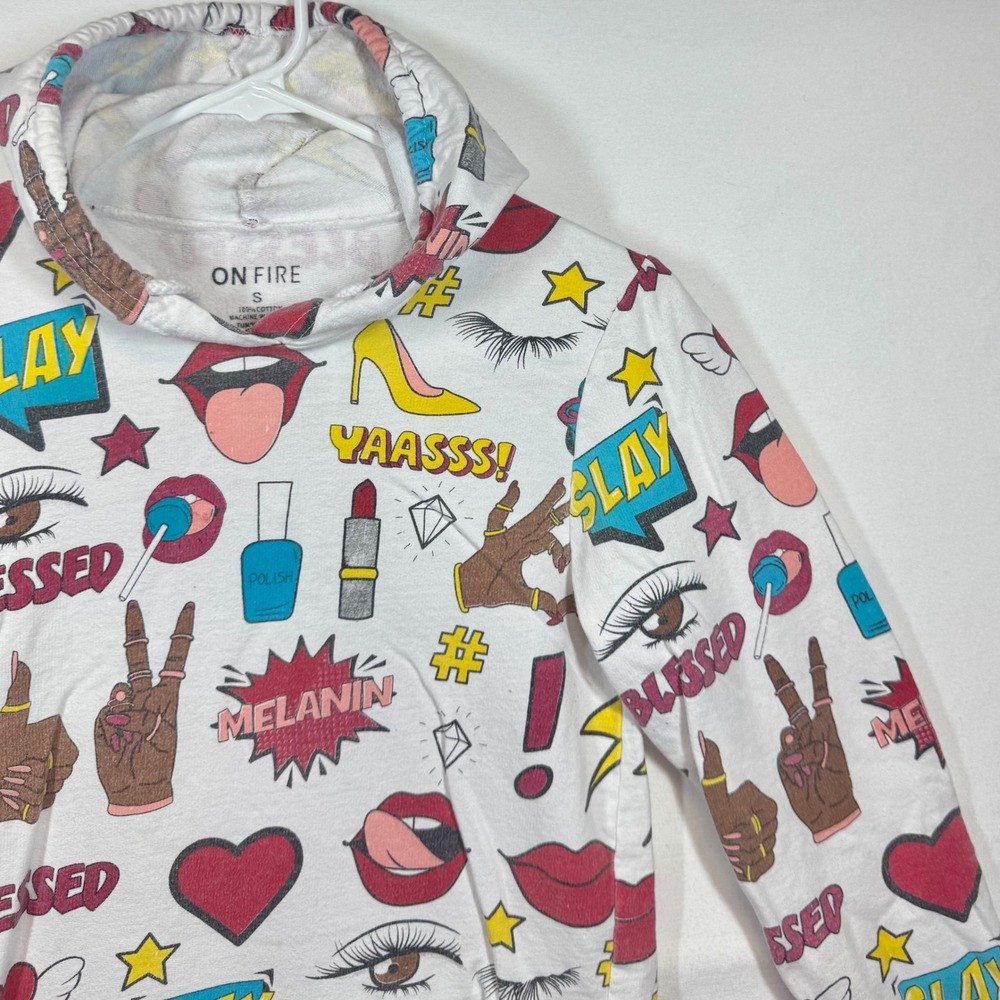 On‎ Fire Graphic Print Pullover Hoodie Fun Design Long Sleeve Top Sz Small